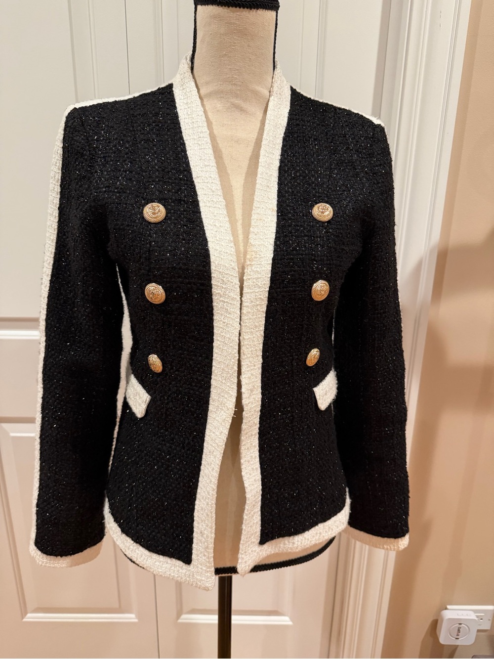 Gracia Black Tweed Blazer with Cream Trim and Gold Buttons
